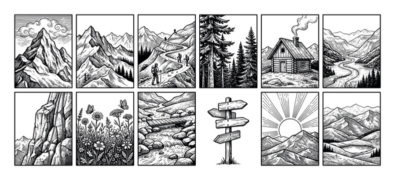 Collection of twelve hand-drawn nature illustrations featuring mountains, hikers, a forest cabin, river, and wildflowers in a detailed black and white vintage woodcut art style