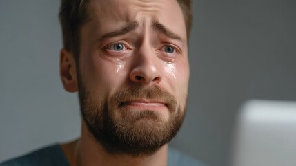 Obraz premium Emotional Man Crying While Watching Something on Computer Screen in a Dimly Lit Room