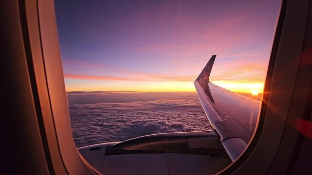 sunset over the clouds on window view inside plane