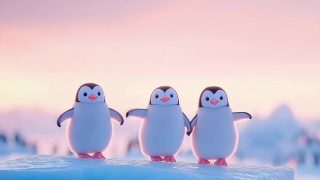 Three adorable infant penguins standing together on arctic ice cap under soft pastel twilight sky, conveying warmth and innocence