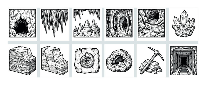 Collection of geology and mining illustrations in a vintage engraving style, featuring a cave, stalactites, fossils, crystals, a pickaxe, and a mine shaft with railway tracks