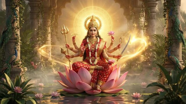 Radiant digital illustration of goddess durga seated on a pink lotus with multiple arms, glowing golden in ancient temple ruins.