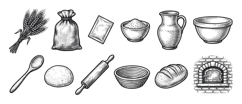 Set of vintage bread making illustrations including wheat, flour, dough, a rolling pin, a brick oven, and a fresh loaf in a classic black and white engraving style