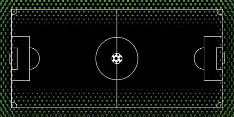 Top-down aerial view of a green soccer field with white markings, including the center circle, penalty areas, and goals.eps,10 © edi