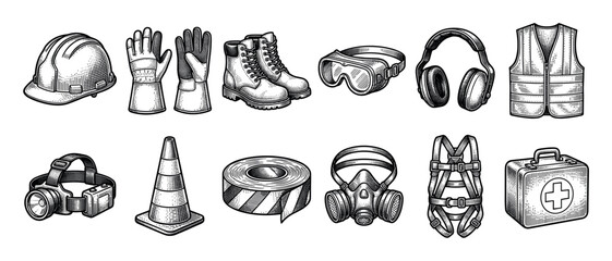 Set of industrial safety equipment icons including a hard hat, gloves, boots, goggles, and vest, all hand-drawn in a detailed black and white vintage engraving style © Mister