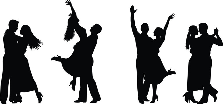 Silhouette Illustration of Dancing Couples in Varied Romantic Poses, Black and White Partner Dance Sequence