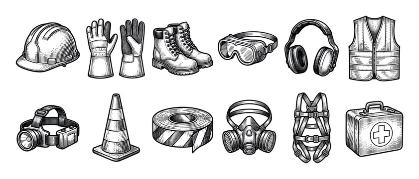 Set of industrial safety equipment icons including a hard hat, gloves, boots, goggles, and vest, all hand-drawn in a detailed black and white vintage engraving style