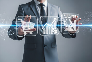 Businessman interacting with digital analytics and shopping icons