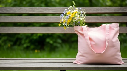 A pink bag with flowers sitting on a wooden park bench outdoors