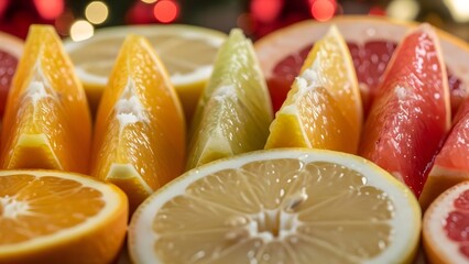 A vibrant display of sliced citrus fruits with water droplets on them