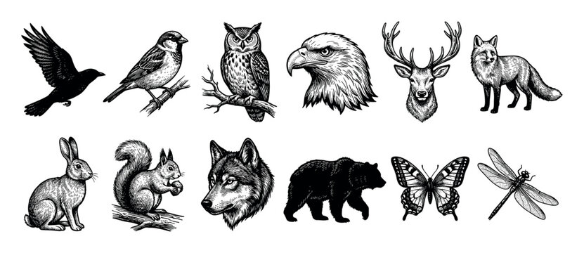 Collection of hand-drawn forest animals including a bear, wolf, fox, deer, and birds in a detailed vintage black and white engraving style illustration set
