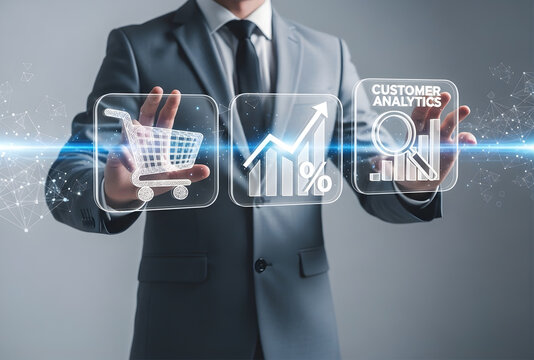 Businessman interacting with digital analytics and shopping icons - Powered by Adobe