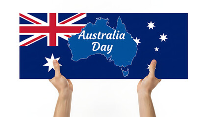 Hands holding a horizontal sign featuring the Australian flag and map, celebrating Australia Day.