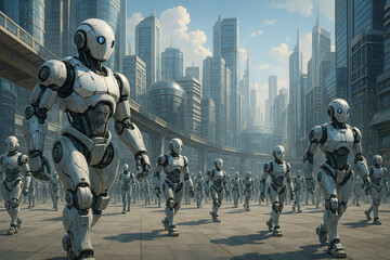 Obraz premium 未来都市を歩くサイボーグ型ロボットの軍団とサイバーパンクな街並みの3Dレンダリング