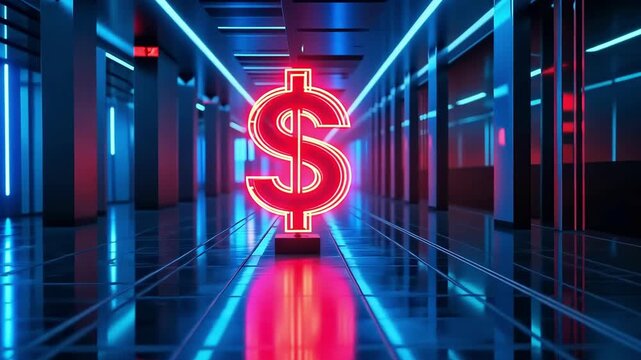 Neon dollar sign shines in dark hallway with blue and red lights at night
