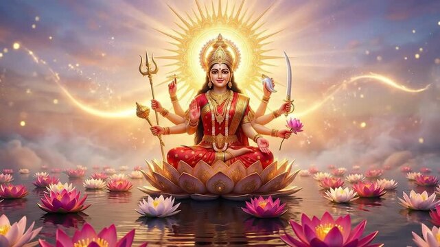 Divine goddess durga, multi-armed and radiating golden light, seated on a lotus for chaitra navratri celebration.