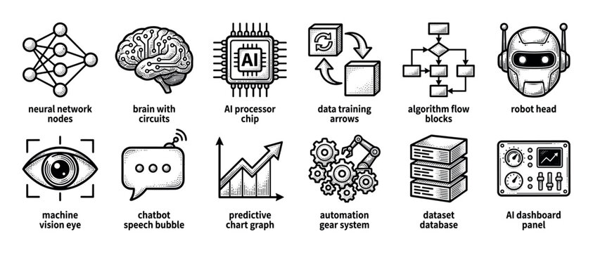 Hand-drawn artificial intelligence icon set with stippling, illustrating concepts like machine learning, automation, data science, neural networks, robotics, and chatbot technology