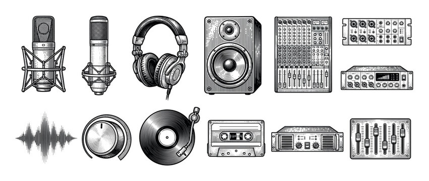 Collection of music production equipment icons including a microphone, headphones, mixer, and speaker, hand-drawn in a detailed black and white vintage woodcut illustration style