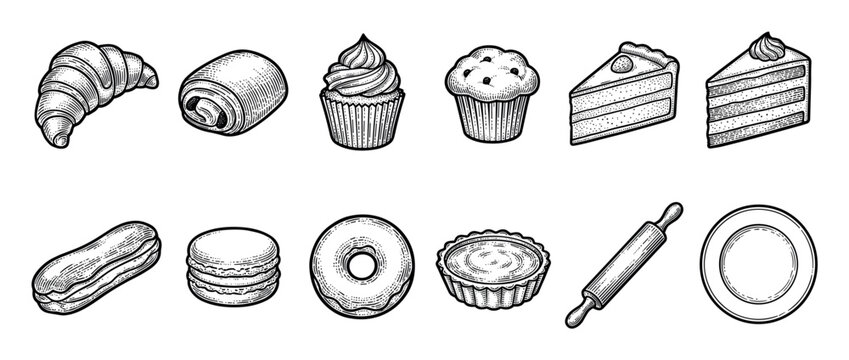 Set of bakery and pastry illustrations including croissant, cupcake, donut, and cake in a vintage black and white engraving style for menu or packaging design