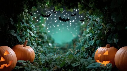 Enchanting halloween pathway with glowing pumpkins and twinkling lights in forest scene - Powered by Adobe
