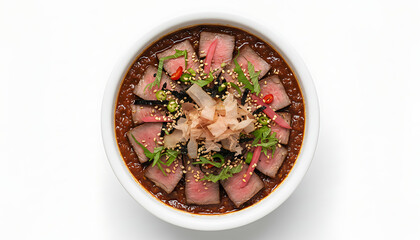 Delectable bowl of Japanese donburi with thinly sliced roast beef, pickled ginger, nori, and sesame seeds.