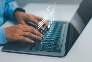 Digital tax filing concept ,person hands typing on laptop virtual tax interface, online taxation, financial technology accounting system, business compliance, data management modern corporate workflow