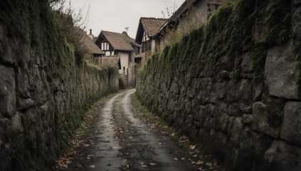 A narrow cobblestone street winds through a European village with stone walls