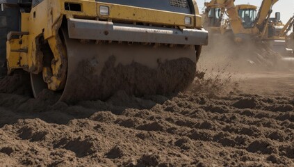 Heavy machinery compacts soil at a construction site, other equipment in view