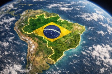 Aerial view of Brazil showcasing its lush forests and vibrant national flag, symbolizing the country's rich culture and natural beauty.