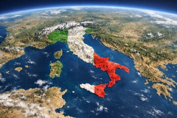 Aerial view of Italy, showcasing the country's distinctive shape, colors of the flag, and diverse landscapes.