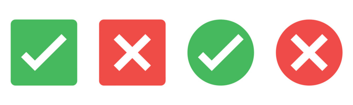 Check mark icon button set. Check box icon with right and wrong buttons and yes or no checkmark icons in green tick box and red cross. Green checkmark and red x sign. Symbols of approval and Decline.