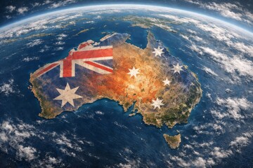 Aerial view of Australia with the Australian flag overlayed, showcasing the vibrant landscape of the continent.