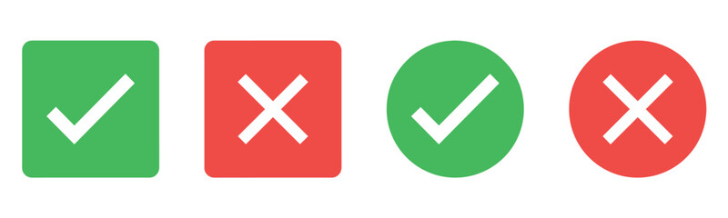 Obraz premium Check mark icon button set. Check box icon with right and wrong buttons and yes or no checkmark icons in green tick box and red cross. Green checkmark and red x sign. Symbols of approval and Decline.