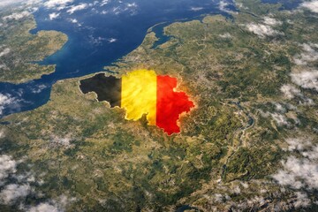 Aerial view of Belgium's landmass, featuring the national flag colors prominently displayed in this vibrant landscape.