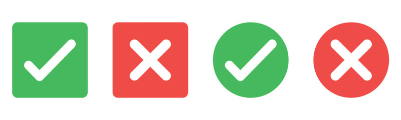 Fototapeta premium Check mark icon button set. Check box icon with right and wrong buttons and yes or no checkmark icons in green tick box and red cross. Green checkmark and red x sign. Symbols of approval and Decline.