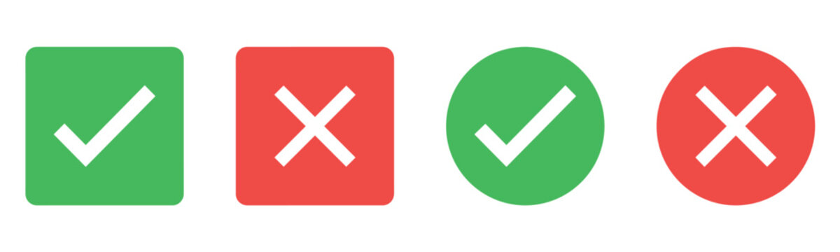 Check mark icon button set. Check box icon with right and wrong buttons and yes or no checkmark icons in green tick box and red cross. Green checkmark and red x sign. Symbols of approval and Decline.