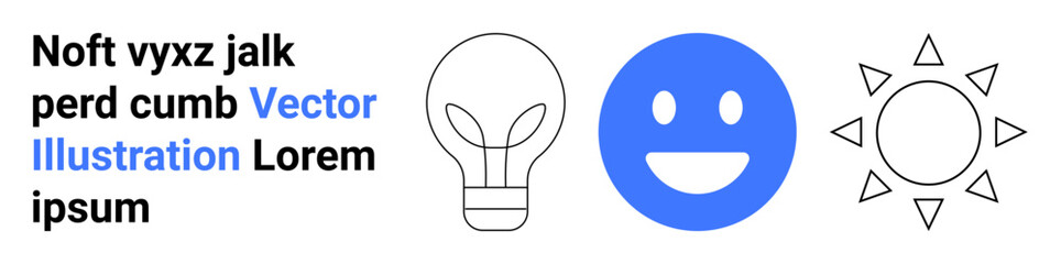 Fototapeta premium Innovation, creativity, positive energy, bright ideas, communication, renewable energy. Minimalist icons of a light bulb, a happy face and a sun. Innovation and creativity concepts