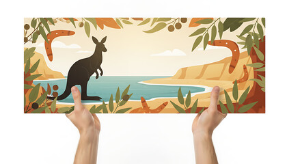 Aboriginal Australian landscape with a kangaroo silhouette, boomerangs, and coastal scenery, held by hands.
