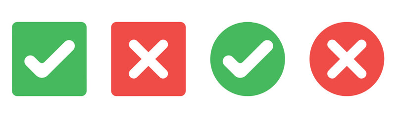 Fototapeta premium Check mark icon button set. Check box icon with right and wrong buttons and yes or no checkmark icons in green tick box and red cross. Green checkmark and red x sign. Symbols of approval and Decline.
