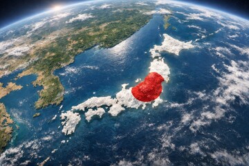 Aerial view of Japan with a red overlay, symbolizing national pride and culture, surrounded by vibrant ocean waves.