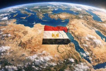An aerial view of Egypt with the national flag superimposed over its geographical outline, showcasing the beauty of the region.