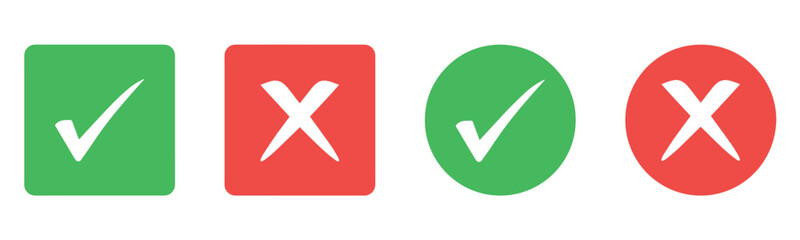 Check mark icon button set. Check box icon with right and wrong buttons and yes or no checkmark icons in green tick box and red cross. Green checkmark and red x sign. Symbols of approval and Decline. © AI Creatives