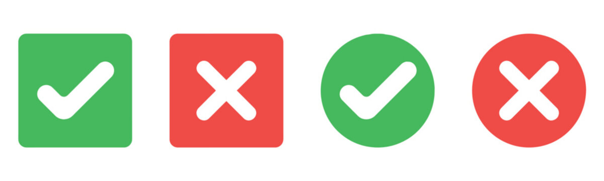 Check mark icon button set. Check box icon with right and wrong buttons and yes or no checkmark icons in green tick box and red cross. Green checkmark and red x sign. Symbols of approval and Decline.