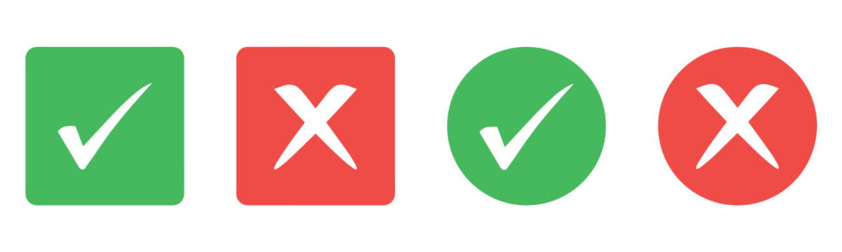 Check mark icon button set. Check box icon with right and wrong buttons and yes or no checkmark icons in green tick box and red cross. Green checkmark and red x sign. Symbols of approval and Decline.