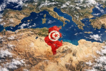 A vibrant representation of Tunisia superimposed on a satellite view of North Africa, showcasing its geographical location and national pride.