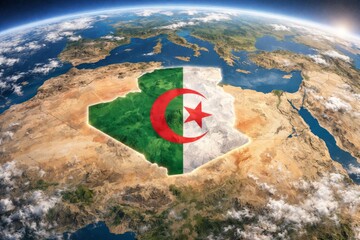 A vibrant illustration of Algeria's flag overlaid on a satellite view of the country, showcasing its diverse landscapes and rich culture.