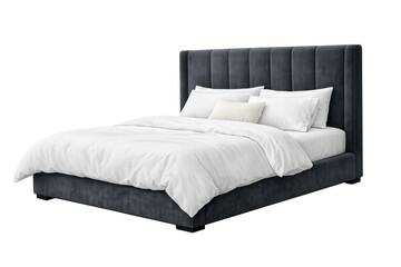 Charcoal upholstered bed with vertical channel tufting headboard and white clean bedding on transparent background