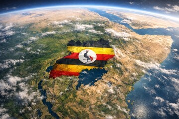 Aerial view of Uganda with the national flag artistically integrated into the landscape, showcasing the country's vibrant colors and natural beauty.
