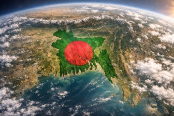 Aerial view of Bangladesh featuring its iconic flag colors, symbolizing national pride and natural beauty.