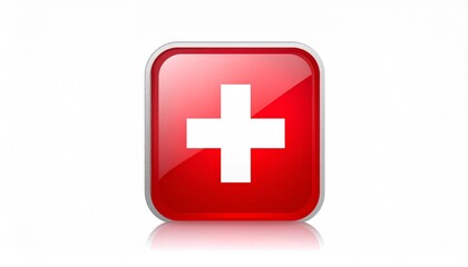 Obraz premium Glossy red square button with white medical cross symbol centered on plain background.